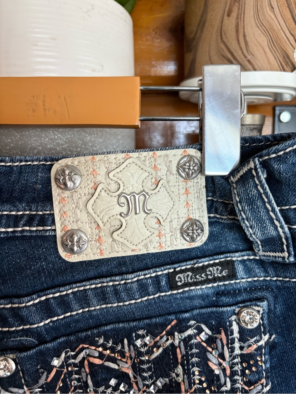Miss Me Signature Skinny Y2K Rhinestone Embroidered Dark Wash Jeans Womens